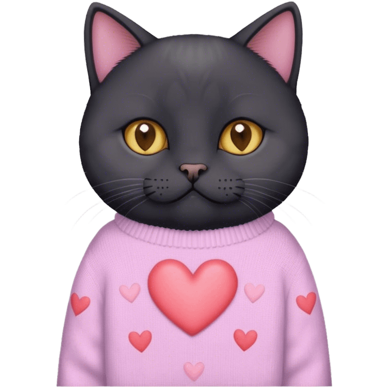 cute black british cat sitting 
 in a cute pastel sweater with hearts emoji