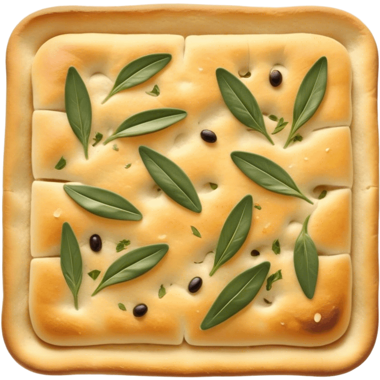 Cinematic Realistic Focaccia Bread Dish Emoji, depicted as a golden, olive oil brushed flatbread sprinkled with herbs rendered with lifelike texture and soft, appetizing lighting. emoji