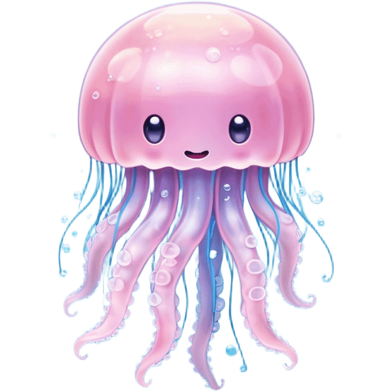 Cinematic floating kawaii jellyfish, tiny round body, soft glowing tentacles, pastel pink and blue hues, delicate sparkling highlights, dreamy and adorable. emoji