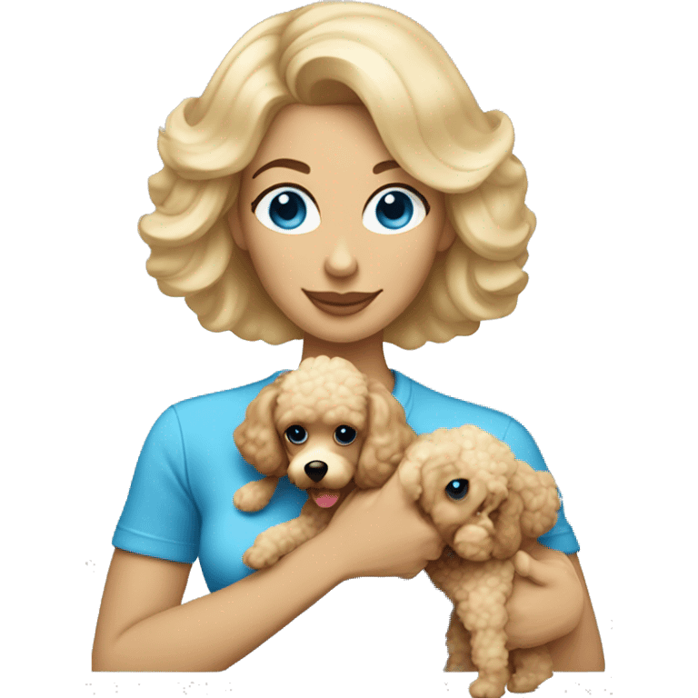 blonde mom with straight hair blue eyes holding cream colored puppy poodle  emoji