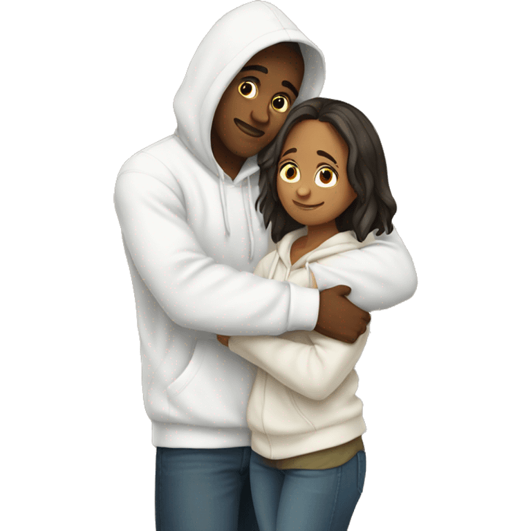 An emoji of a man wearing a white hoodie, standing next to his sister. He is hugging her warmly, showing a close sibling bond emoji