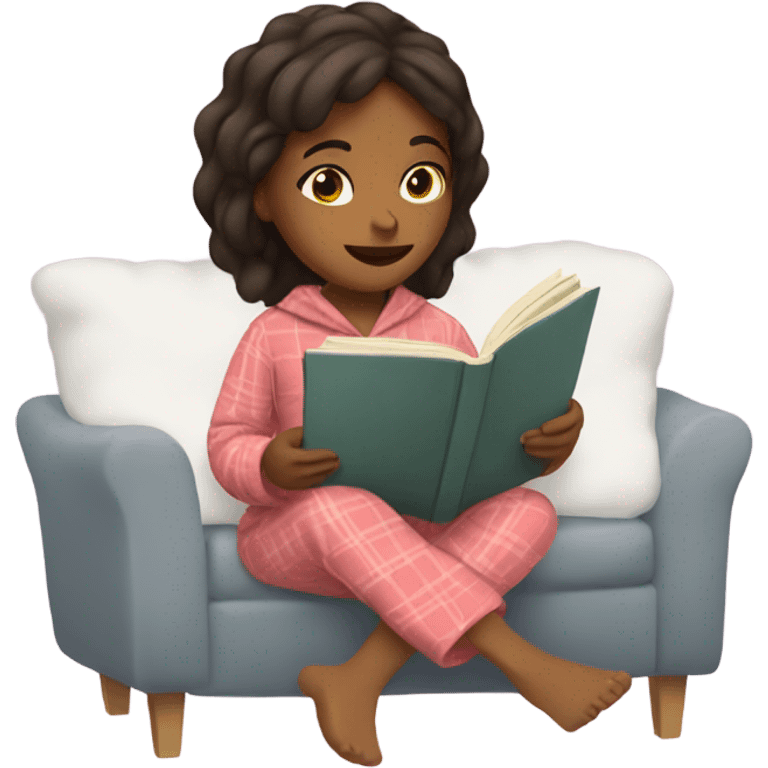 Brown girl reading book with cozy pijama emoji