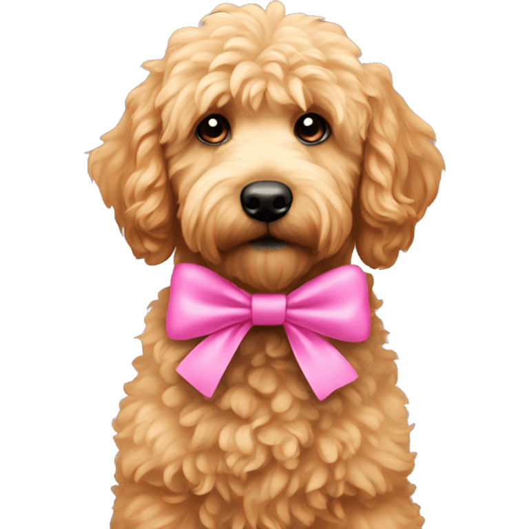 Mini golden doodle wearing a pink bow emoji