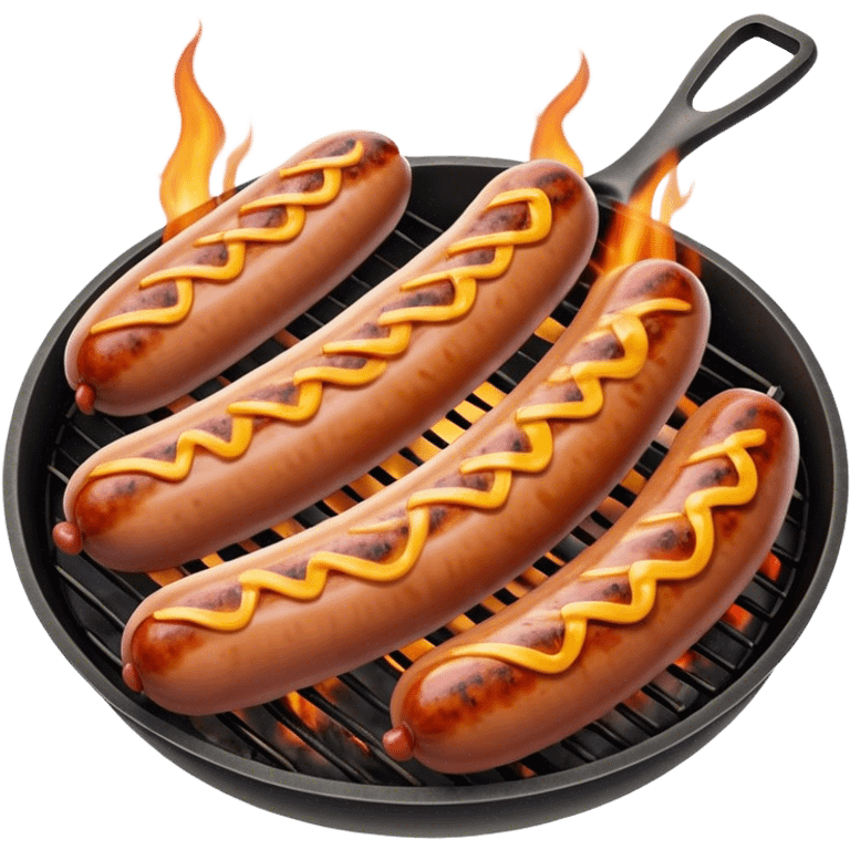 Cinematic Realistic Sausage Sizzle Dish Emoji, featuring sizzling sausages cooking over an open flame rendered with dynamic textures and warm, smoky lighting. emoji