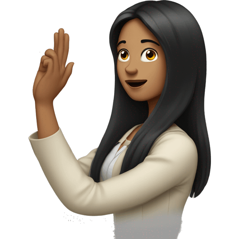 a woman with long black hair with one hand raised up high emoji