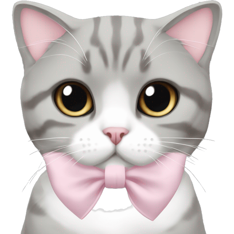 scottish fold gray and white cat with light pink bow on the neck emoji