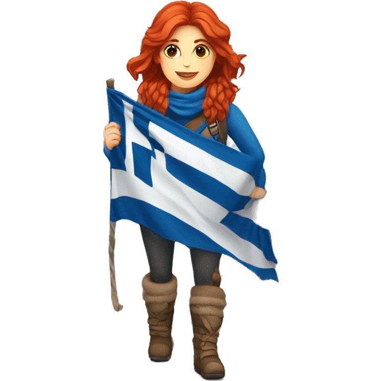 Greek Female winter mountaineer red hair white skin climbing with Greek Flag and Easter eggs basket emoji