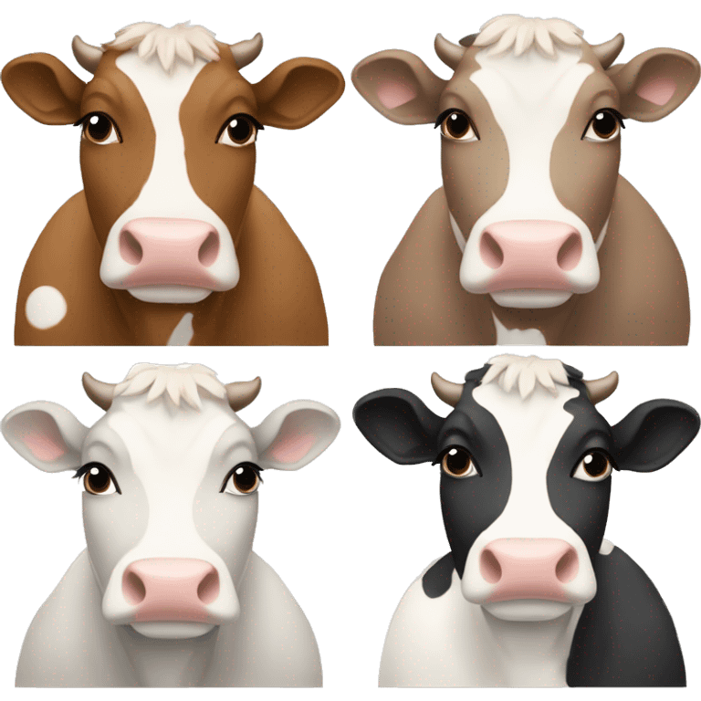 4 cows, one grey, one black, one her face light brown, and white whith light brown dots, last one is brown with white dots, her face is white with brown eyeshadow  emoji