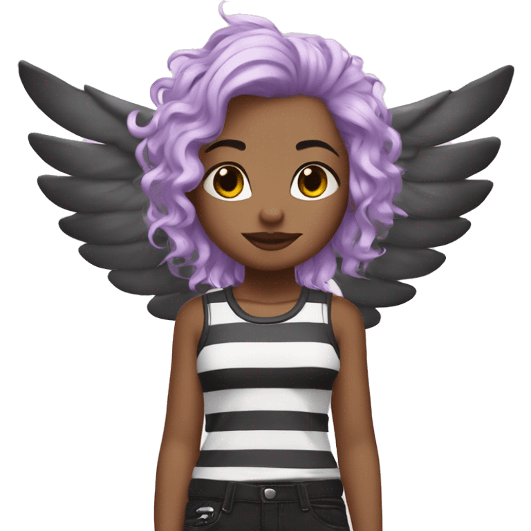 Lili has a heavenly style with a punk touch: lilac hair, short and messy, black and white striped t-shirt, pink pants, laurel wreath, majestic wings. emoji