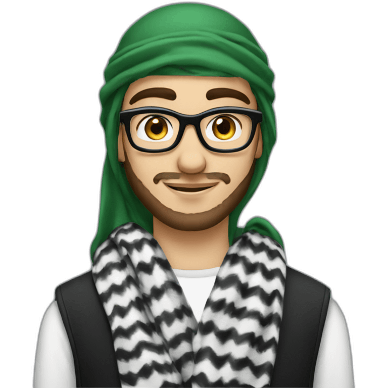 An 18-year-old young man with a thin beard and blue eyes, wearing black glasses and wearing a Palestinian keffiyeh.   emoji