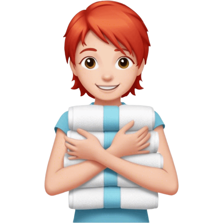 cheerful teenager on the road with red hair carrying a stack of towels in her arms emoji