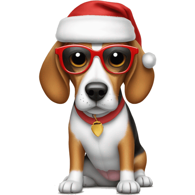 Beagle wearing sunglasses and a Santa hat smiling emoji