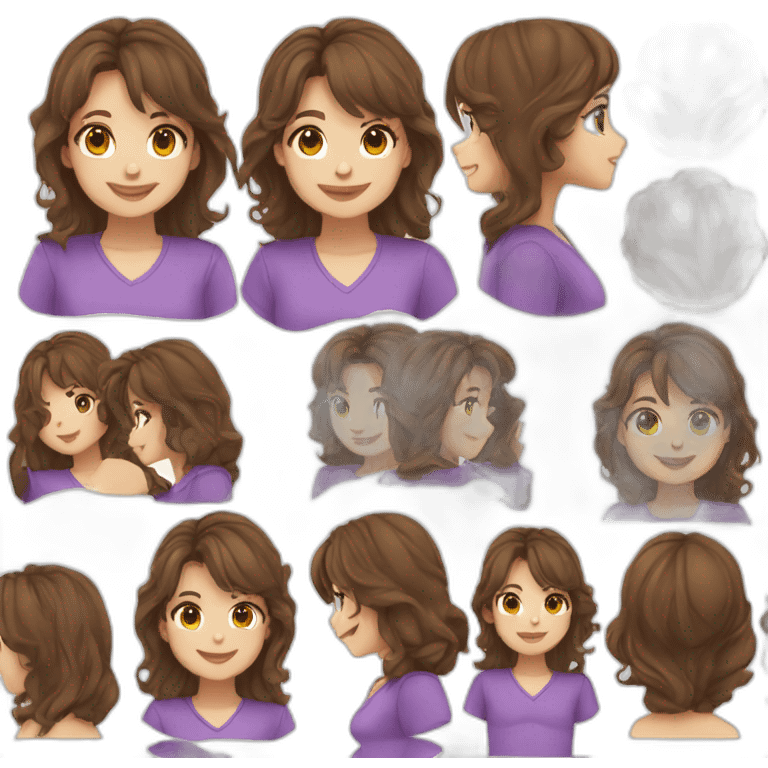 1girl,brown hair, side bangs, wavy hair, purple eyes, smile emoji