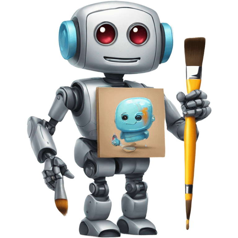 cute robot holds a palette with paints and a brush emoji