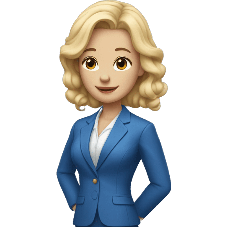 a woman with blonde hair and flesh-colored skin in a blue suit saying goodbye with her hand emoji