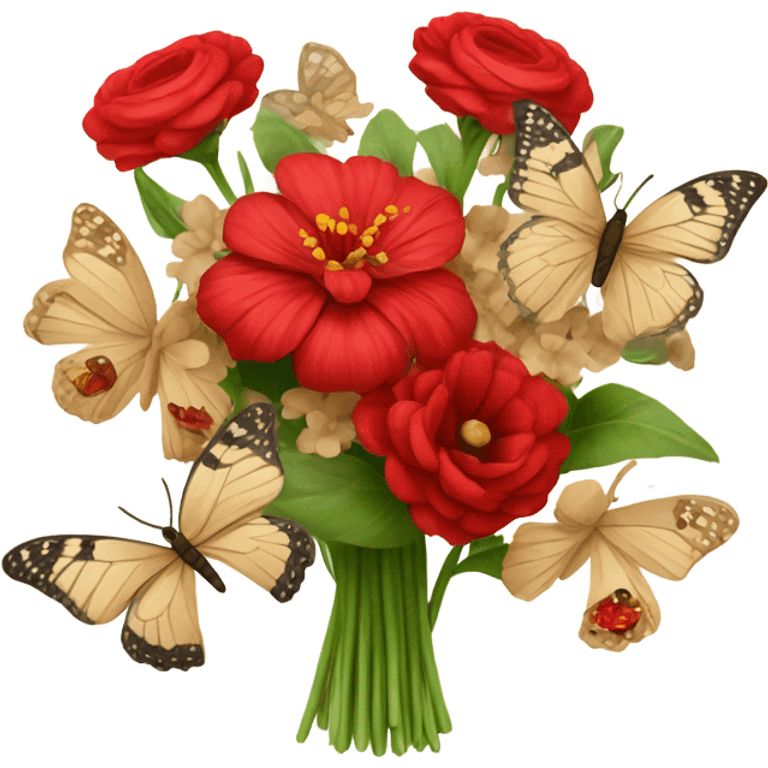 red bouquet with beige butterflies emoji