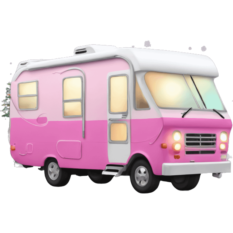 Pink Rv with snow and Christmas lights emoji