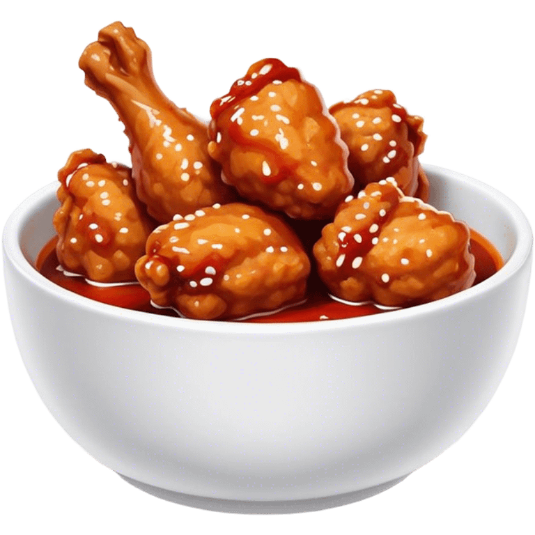 Korean Fried Chicken Cinematic Realistic Korean Fried Chicken Dish Emoji, depicted as bite-sized chicken chunks generously coated in a glossy, spicy sauce, in a bowl. emoji