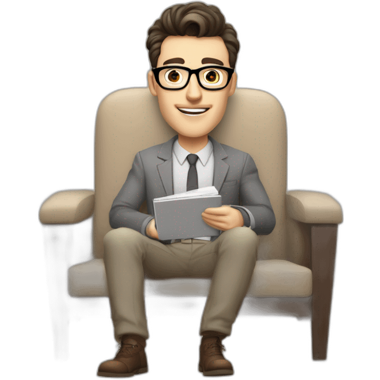 Pale skinned Fit Man With dark brown hair in gray jacket, beige office shirt, Brown pants and vintage glasses sitting In a soft chair with a notebook and a pen Fooling showing his tongue emoji