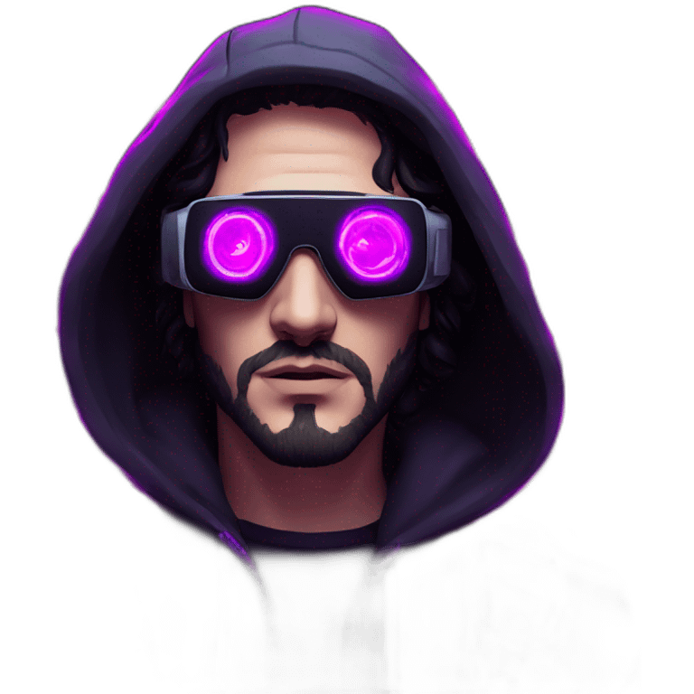 John Snow wearing a black hoodie with "OMG" letters on it and VR headset in a cyberpunk VR environment with violet neon lighting. emoji