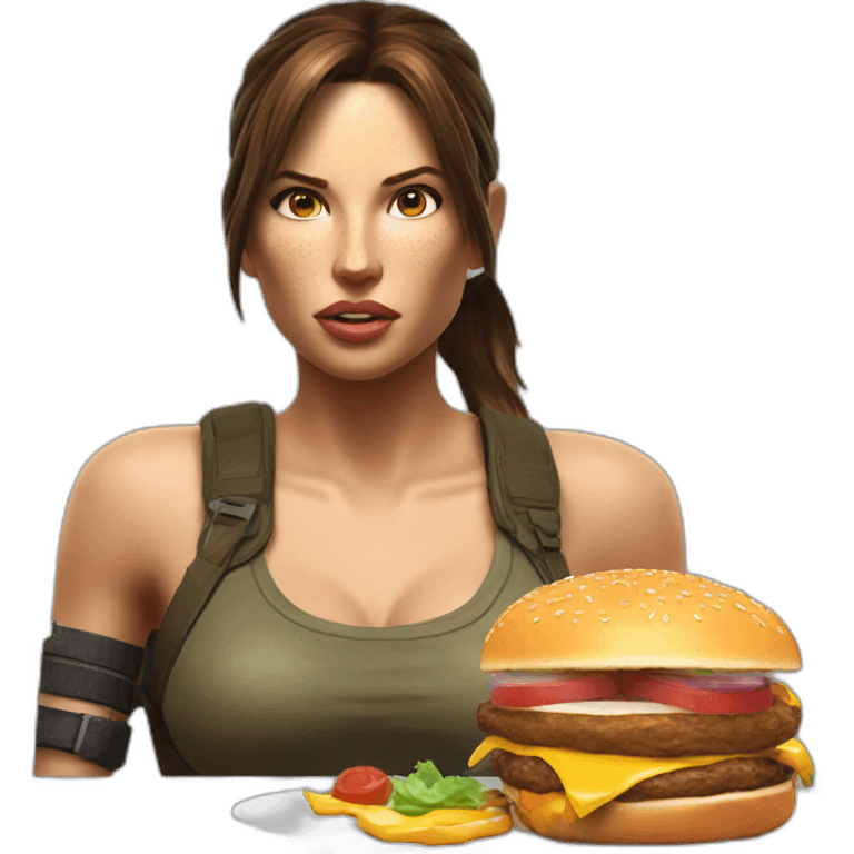 Lara Croft eating a Burger hyperrealistic emoji