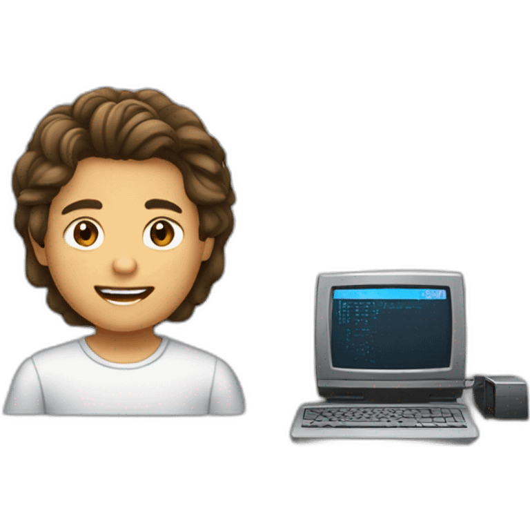 un chico de 13 años pelo castaño, corto, liso, con una computadora emoji