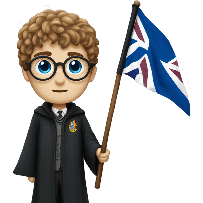 Harry Potter with blue eyes holding UK flag emoji