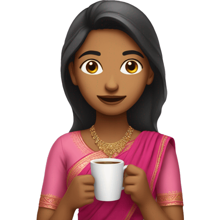 Indian girl with pink clothes drinking coffee emoji