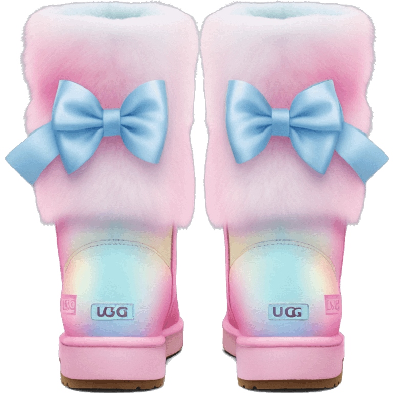 Realistic pair of pastel pink to pastel blue ombre fur Ugg boots with silk ribbon bows. emoji