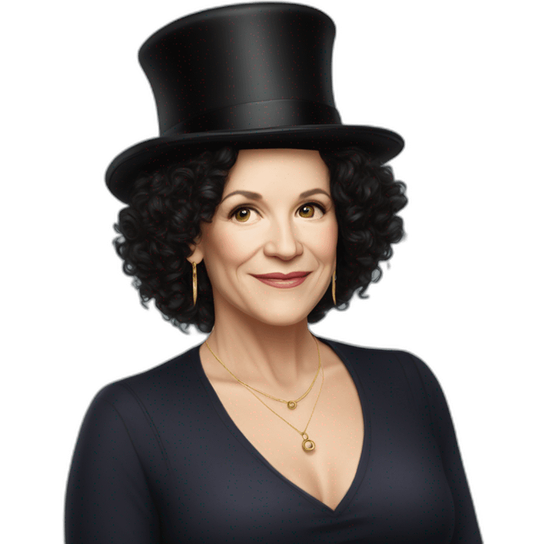 Susie Essman wearing a top hat and hoop earrings emoji