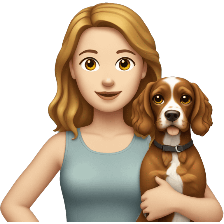 White Girl with brown hair holding yellow cocker spaniel mix emoji