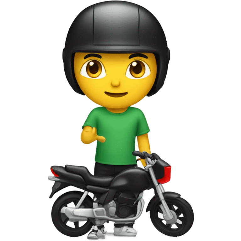 Boy with converse and green shirt, black pants, and black motorbike helmet with red visor with motorcycle outdoors emoji