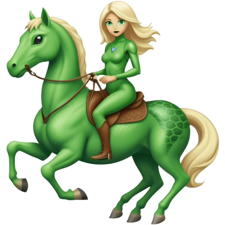 reptilian alien green woman, rides blonde horse
 emoji