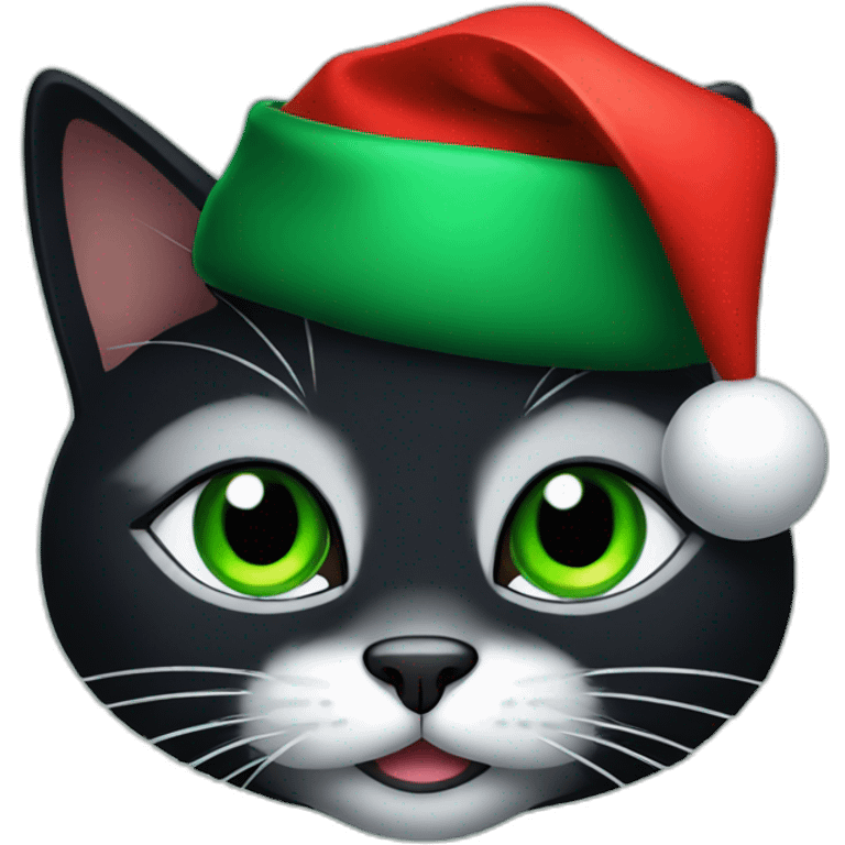 a black cat with green eyes in a Christmas hat emoji