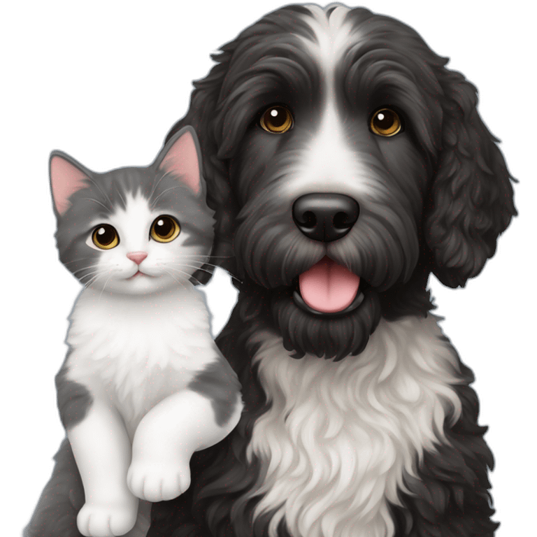 Black labradoodle and white and grey kitten emoji