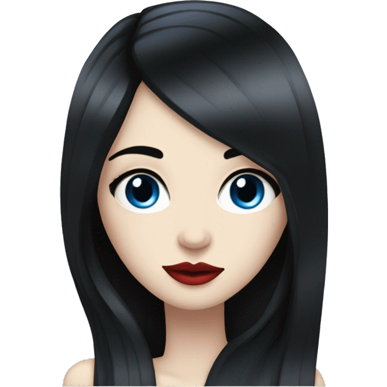 A girl with pale skin, long straight black hair, blue eyes with long eyelashes, red lips emoji