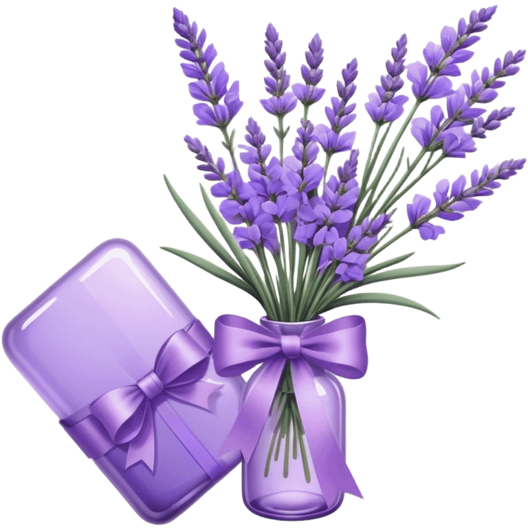 aesthetic bow in light purple , purple glass bottle and in it a beautiful bouquet of lavender emoji