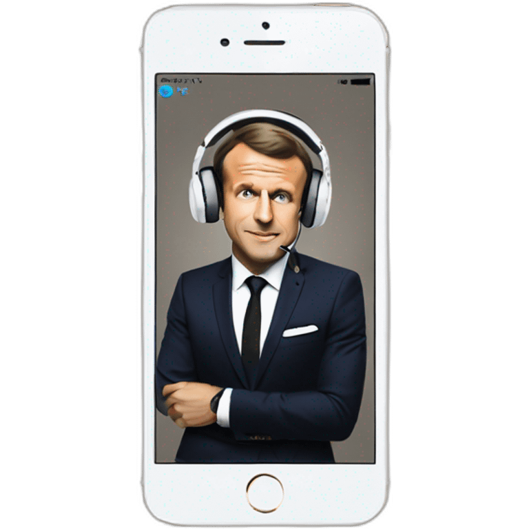 Emmanuel Macron with iPhone wired to earphones vibing at the music emoji