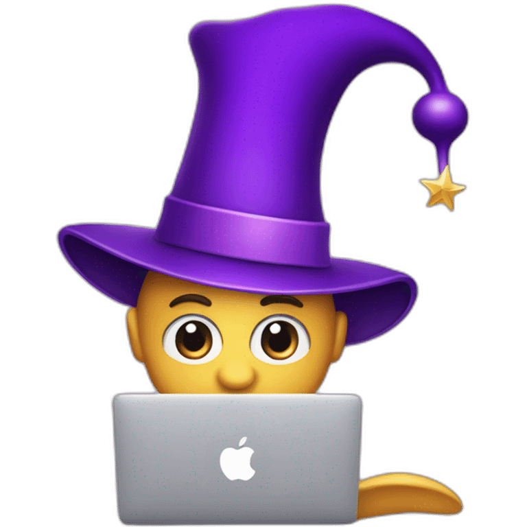 magician with a purple pointy magic hat with a star working on a macbook emoji