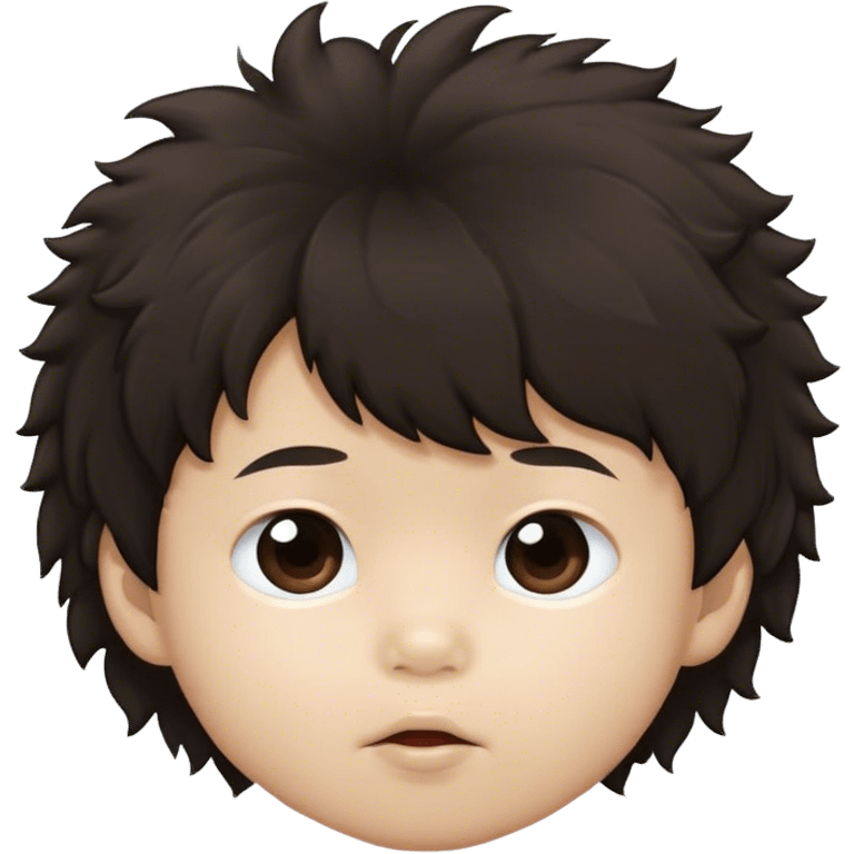 An asian 1 year old kid with brown and black hair fluffy over his eyes emoji