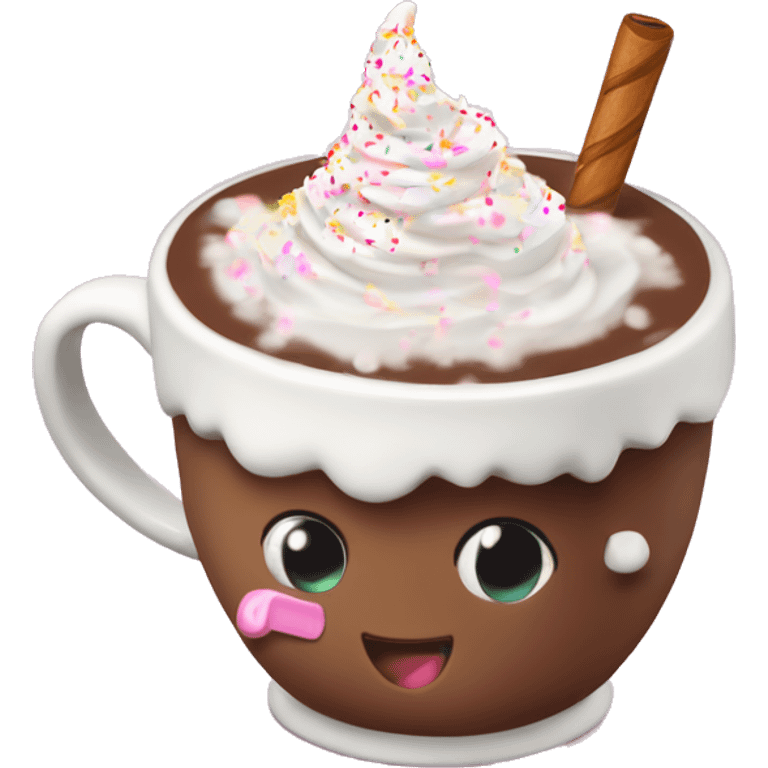 cute hot coco mug that’s pink with marshmallows and whip cream with sprinkles  emoji