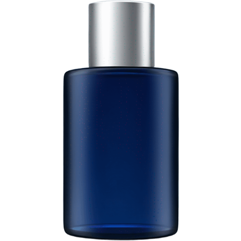 Dark blue cylindric perfume bottle for man with white rectangular label on the front and silver cap emoji