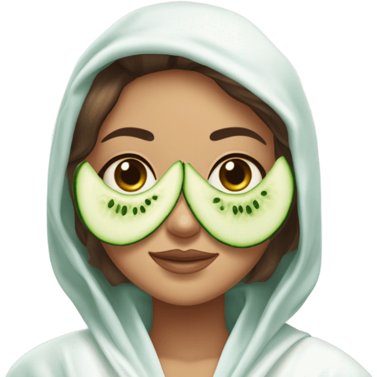 Girl with freackles Brown hair white skin and blue eyes wears Green colored  skin care mask while She relaxes and two round piece cucumber on her closed eyes In a white Robe emoji