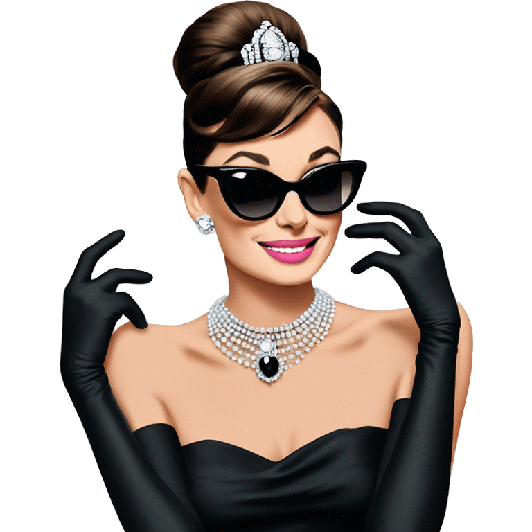 A single emoji of cute, smiling Audrey Hepburn from Breakfast at Tiffany’s wearing black dress, black gloves, black sunglasses, sliver necklace, and light pink lipstick  emoji