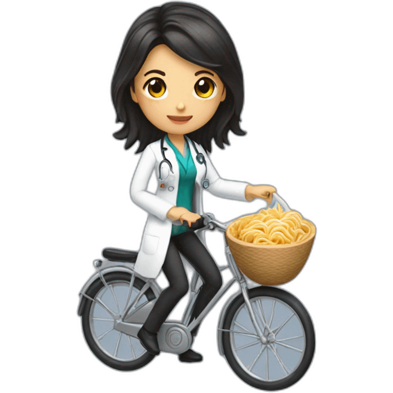 long and dark hair female doctor with a ramen bowl in her hand and riding a chrome bicycle emoji