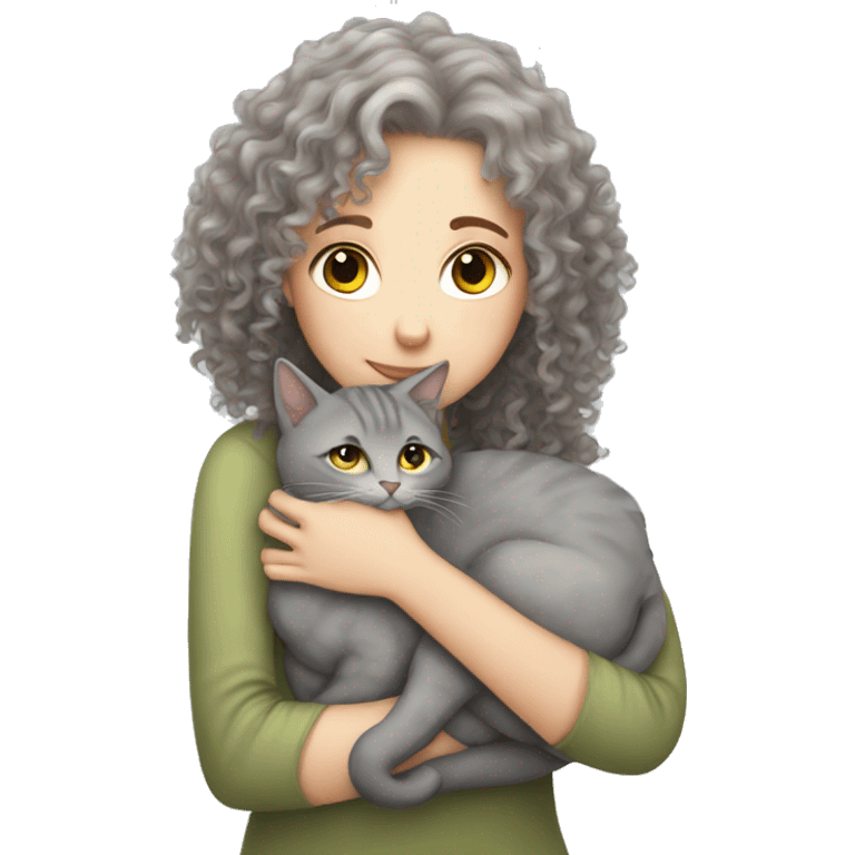 White Girl curly hair cuddling with grey cat emoji