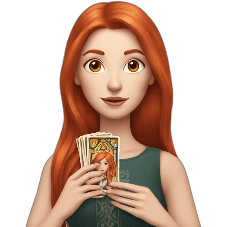 redhead white woman medium long straight hair, holding a tarot card in her hand emoji