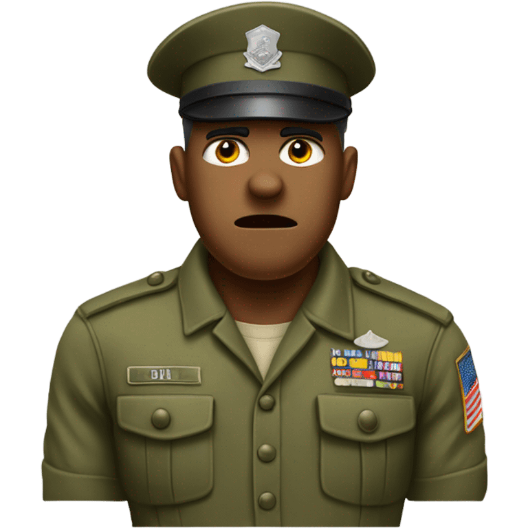 drill sergeant character wearing a classic sergeant hat and a camouflage army shirt. The character should have an angry intense expression. full torso emoji