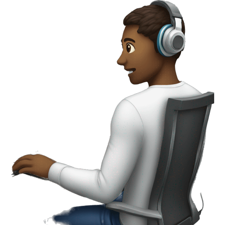 employee with computer desck and headphones alone in room emoji