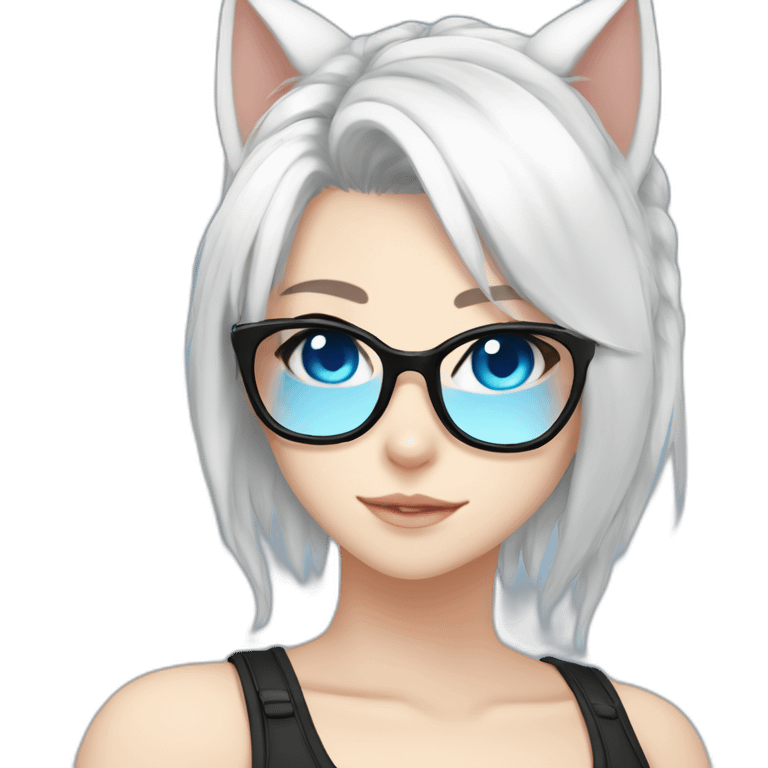 anime style white hair catgirl, black glasses, tank top, pony tail hair, blue eyes emoji